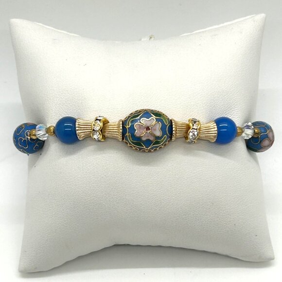 Cloisonné Floral Bracelet With Blue Glass Beads Gold-Tone Accents & Screw Clasp - Picture 3 of 14